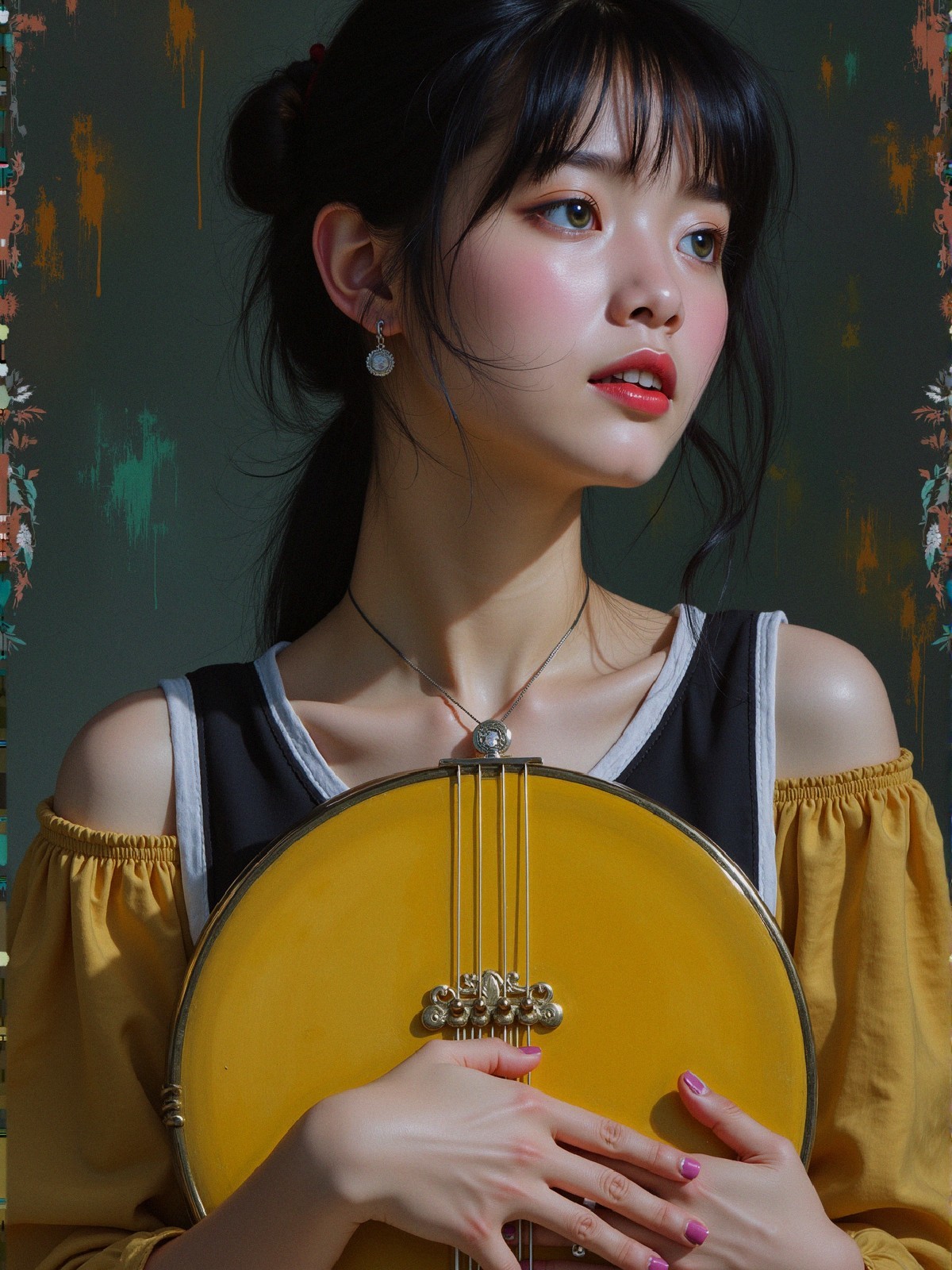 Young woman holding a yellow circular instrument gracefully