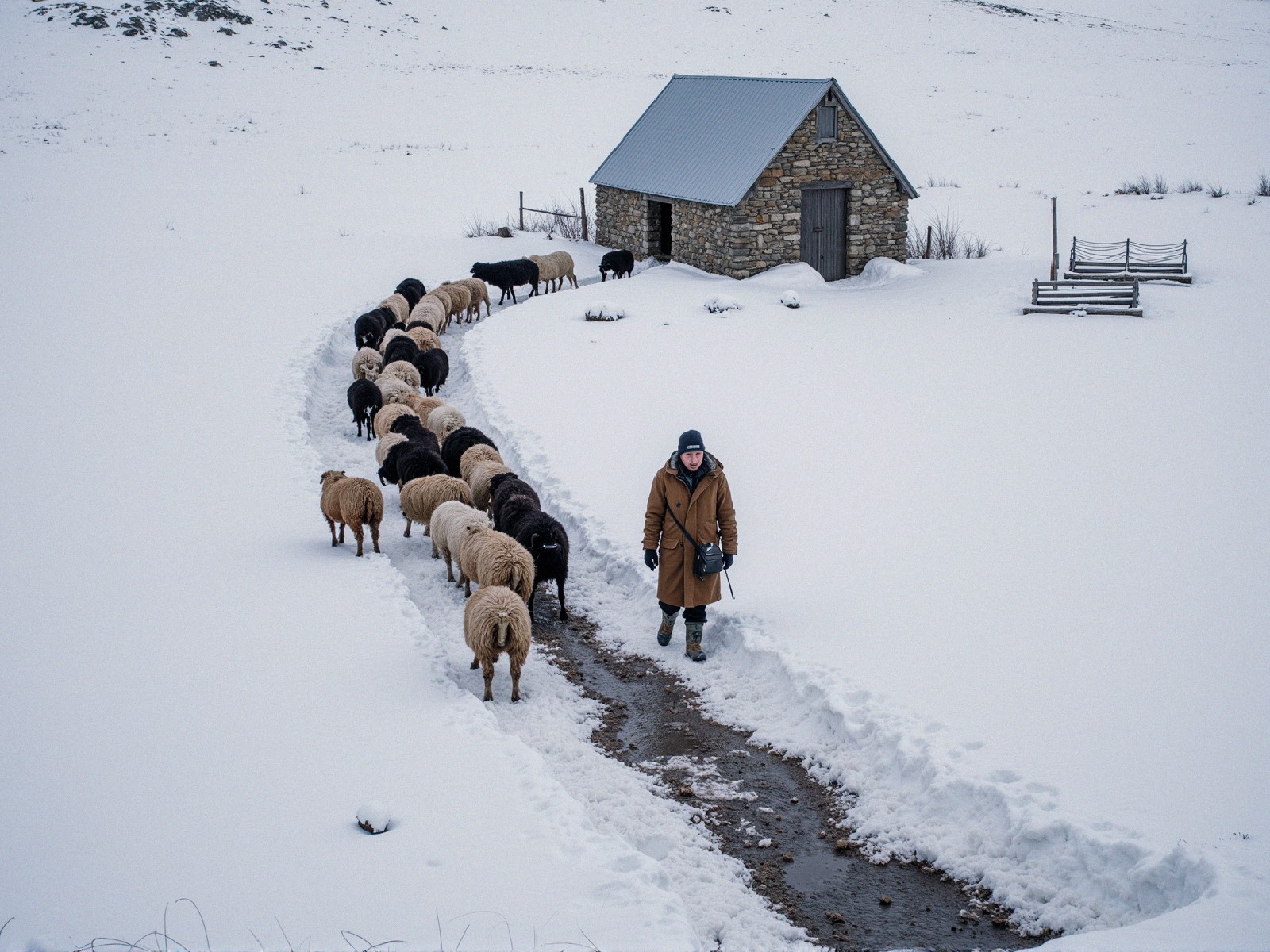 Shepherd Walking Sheep on Snow-Covered Pathway