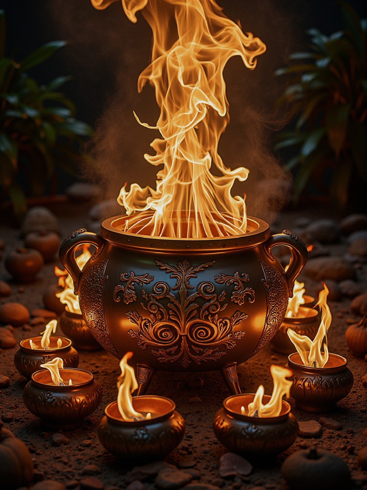 Ornate pots with vibrant flames in a dark setting