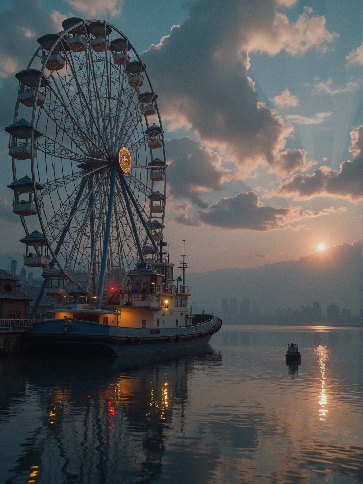 Twilight Scene with Ferris Wheel and Calm Water