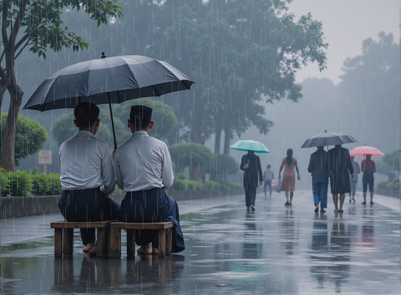 Rainy Scene with Two Figures Under an Umbrella
