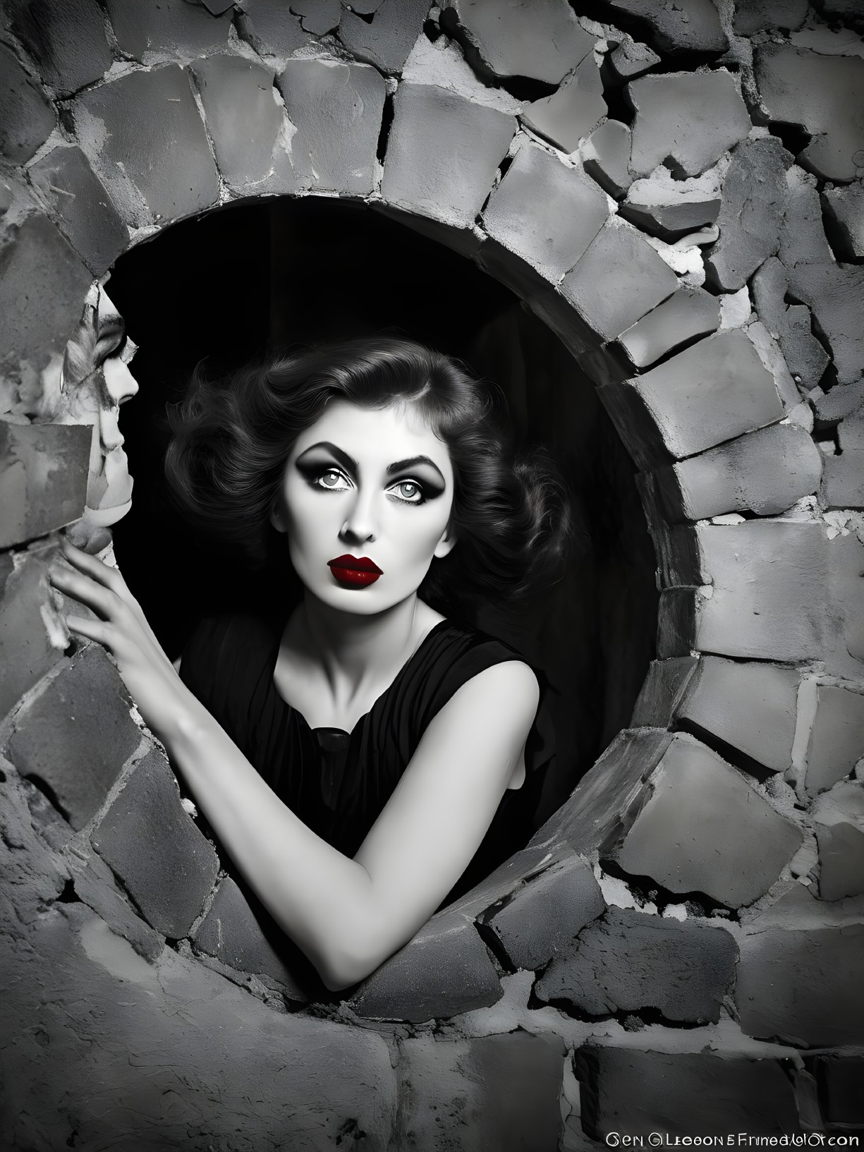 Black-and-white portrait of a woman with dramatic makeup
