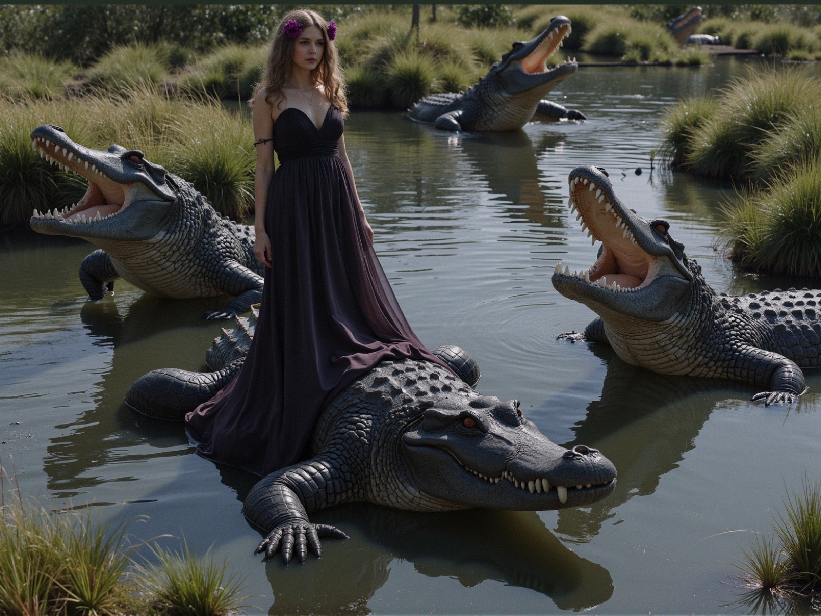 Young Woman in Black Gown on Alligator in Pond