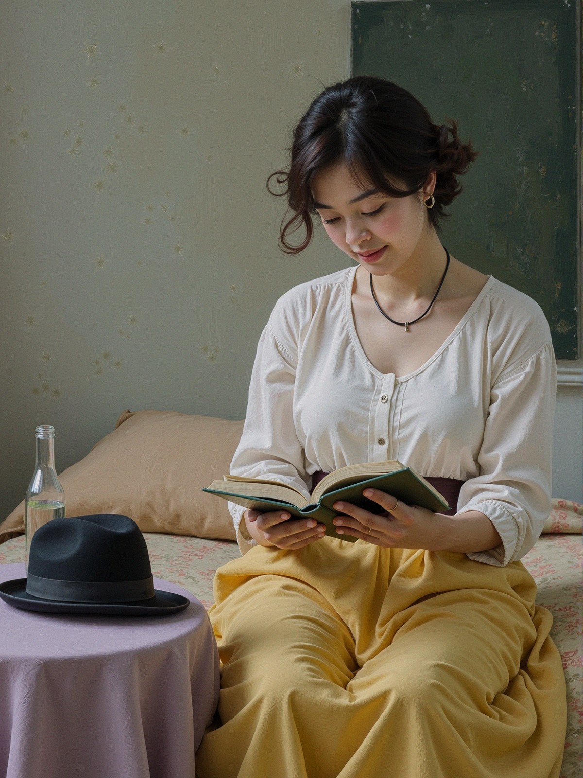 Young woman reading on a bed in cozy room setting
