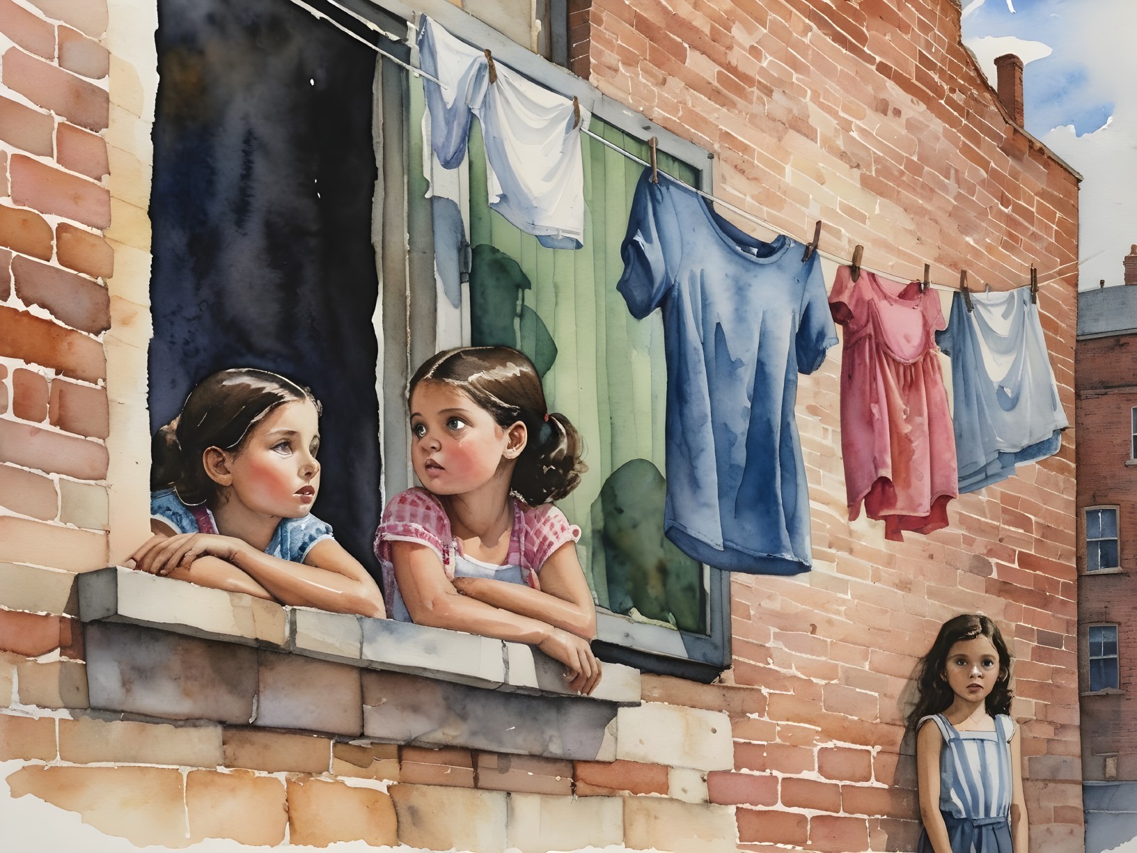 Urban Scene with Girls Gazing from a Window