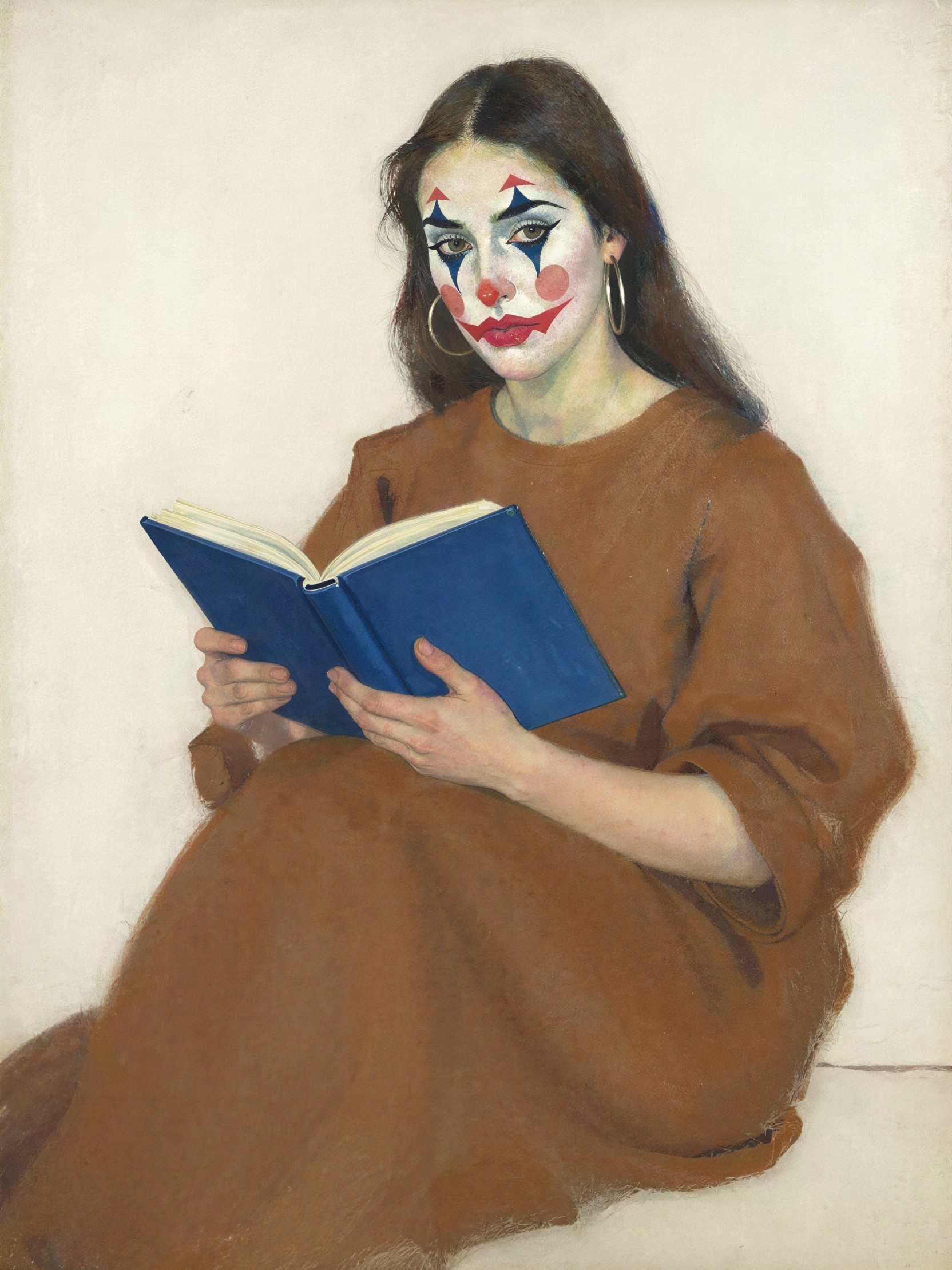 Woman in Brown Robe Reading with Clown Makeup