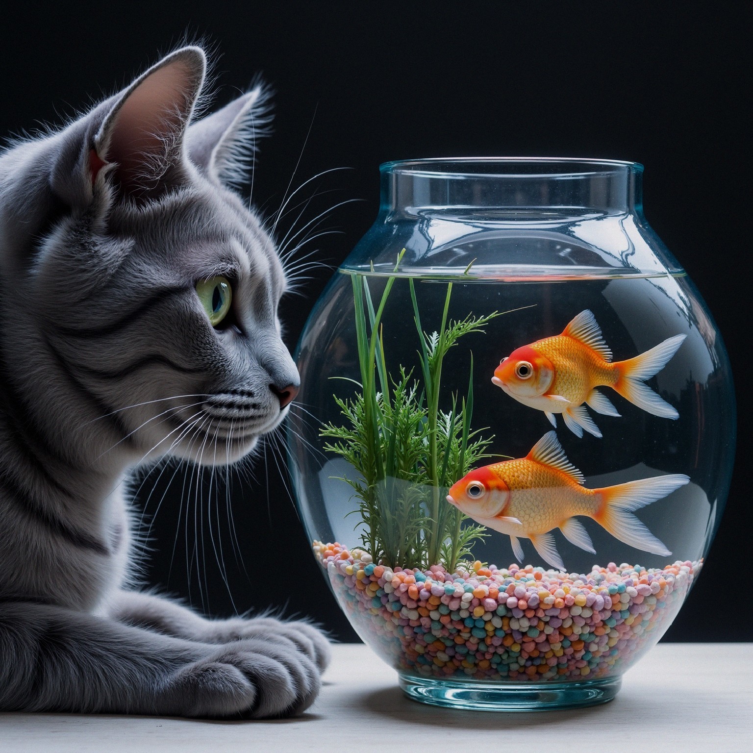 Curious Cat Observing Goldfish in a Bowl