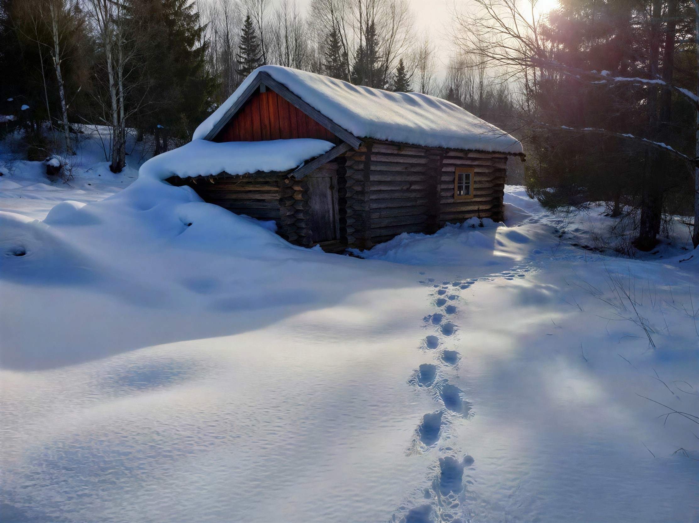 Snowy Wooden Cabin with Red Roof in Winter Landscape