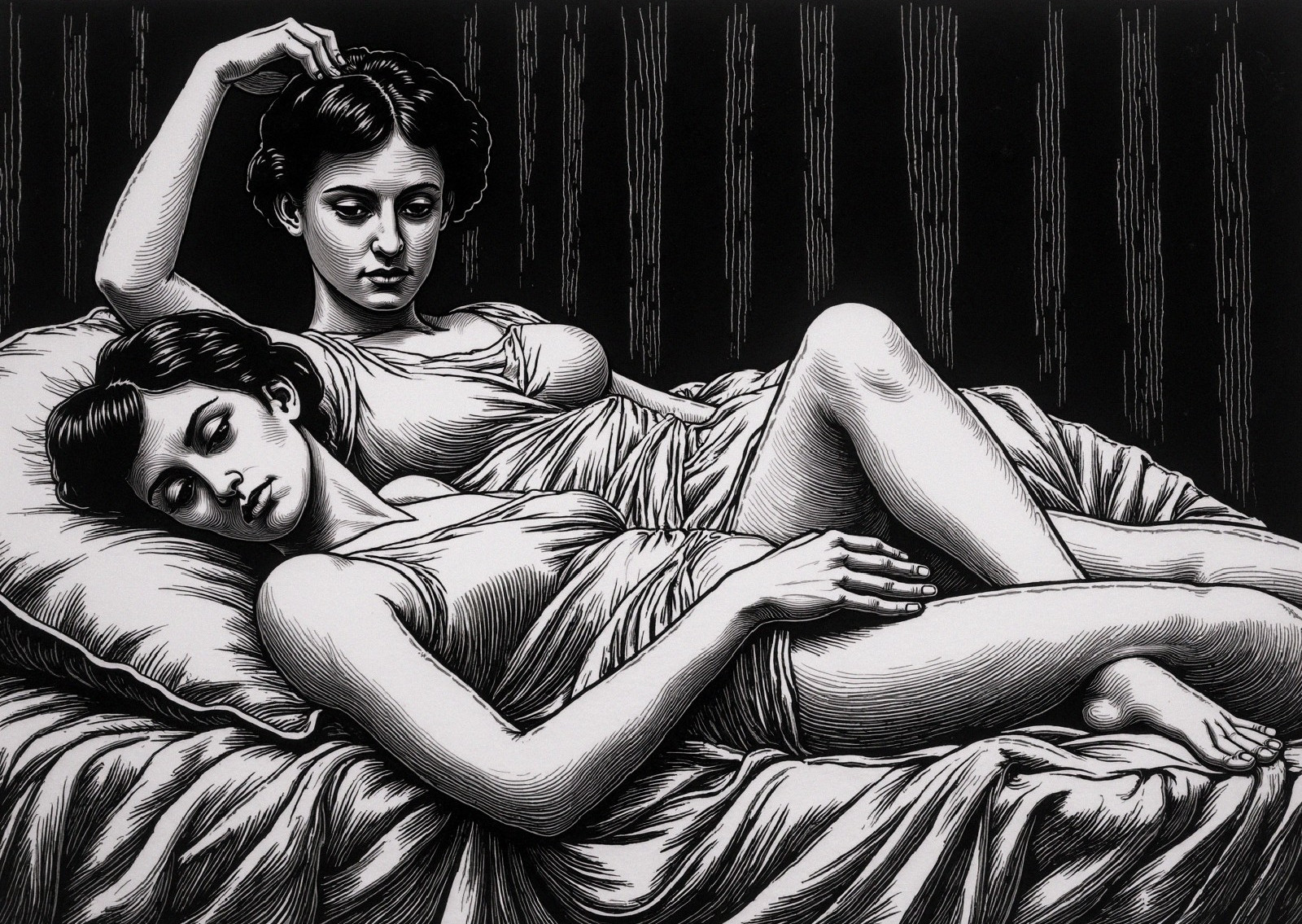 Intimate depiction of two women in serene setting