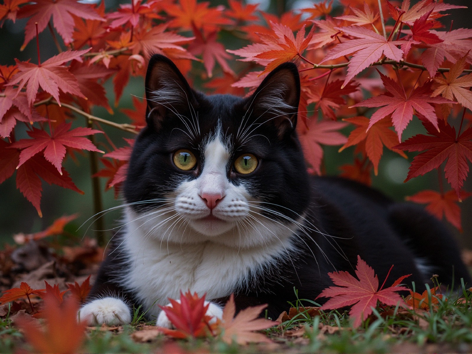 Black and White Cat Among Red Maple Leaves