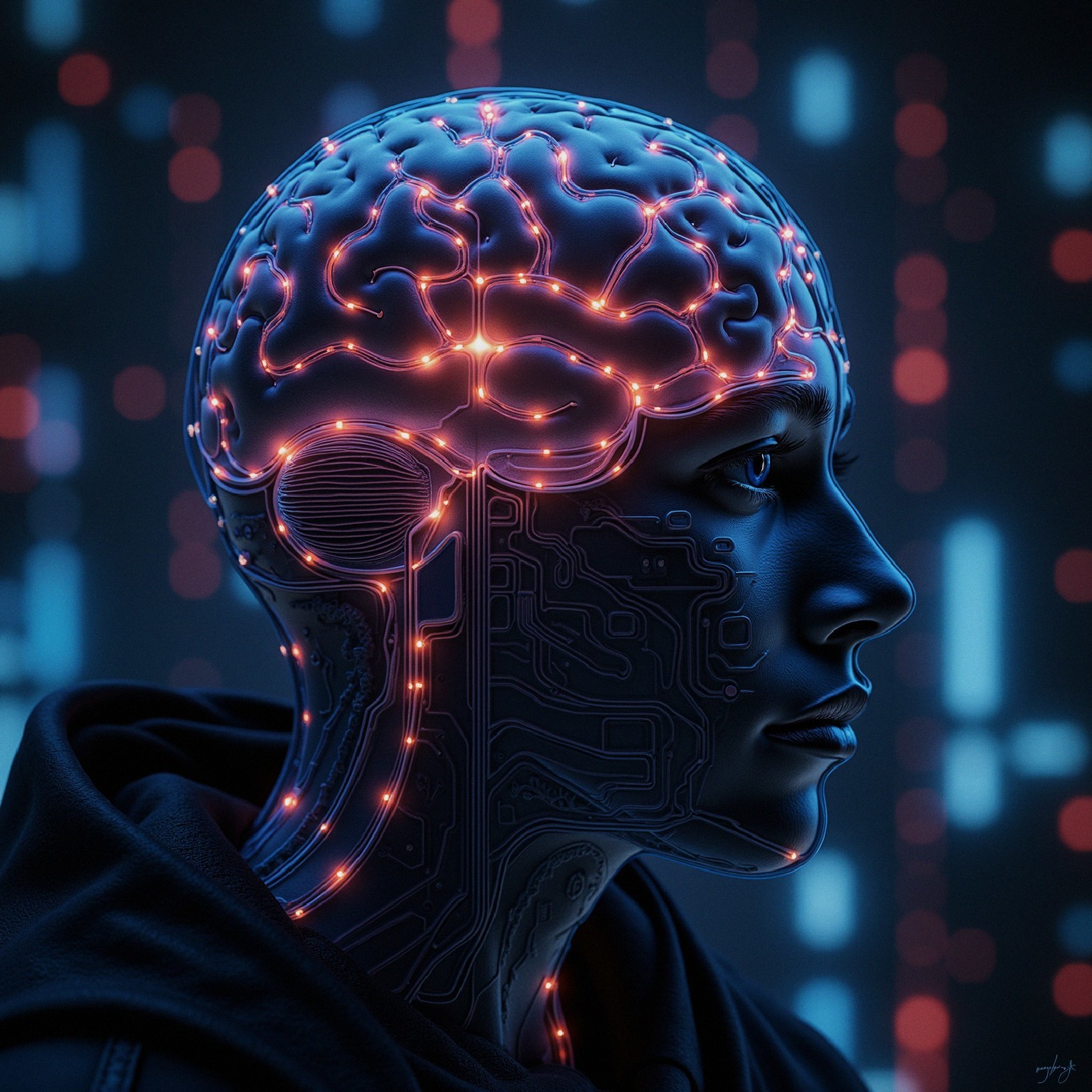Futuristic Humanoid with Illuminated Circuitry Brain