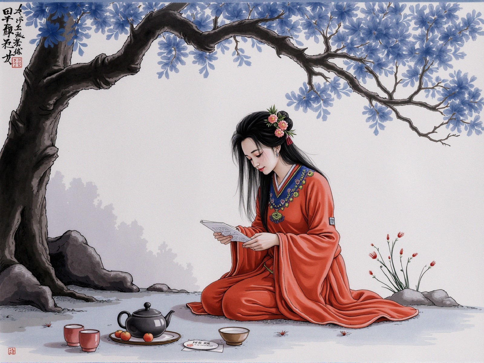Young Woman in Red Garment Reading Under Blossom Tree