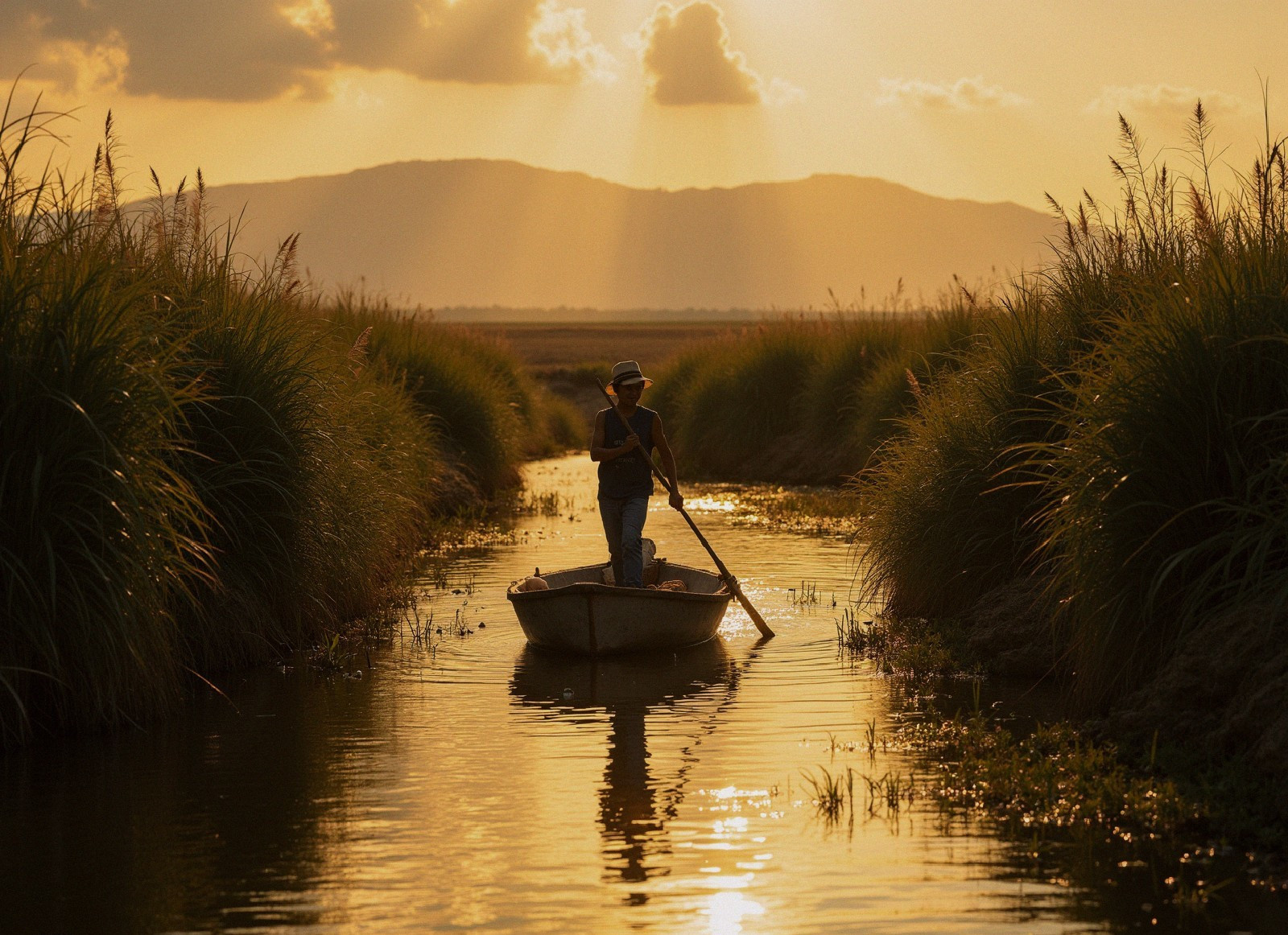 Lone Fisherman in Serene Sunset Waterway Scene