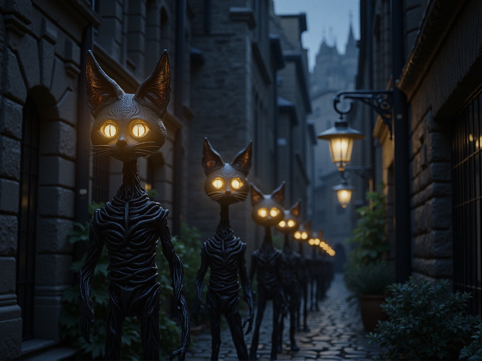 Eerie Cat-Like Figures in a Dimly Lit Alleyway
