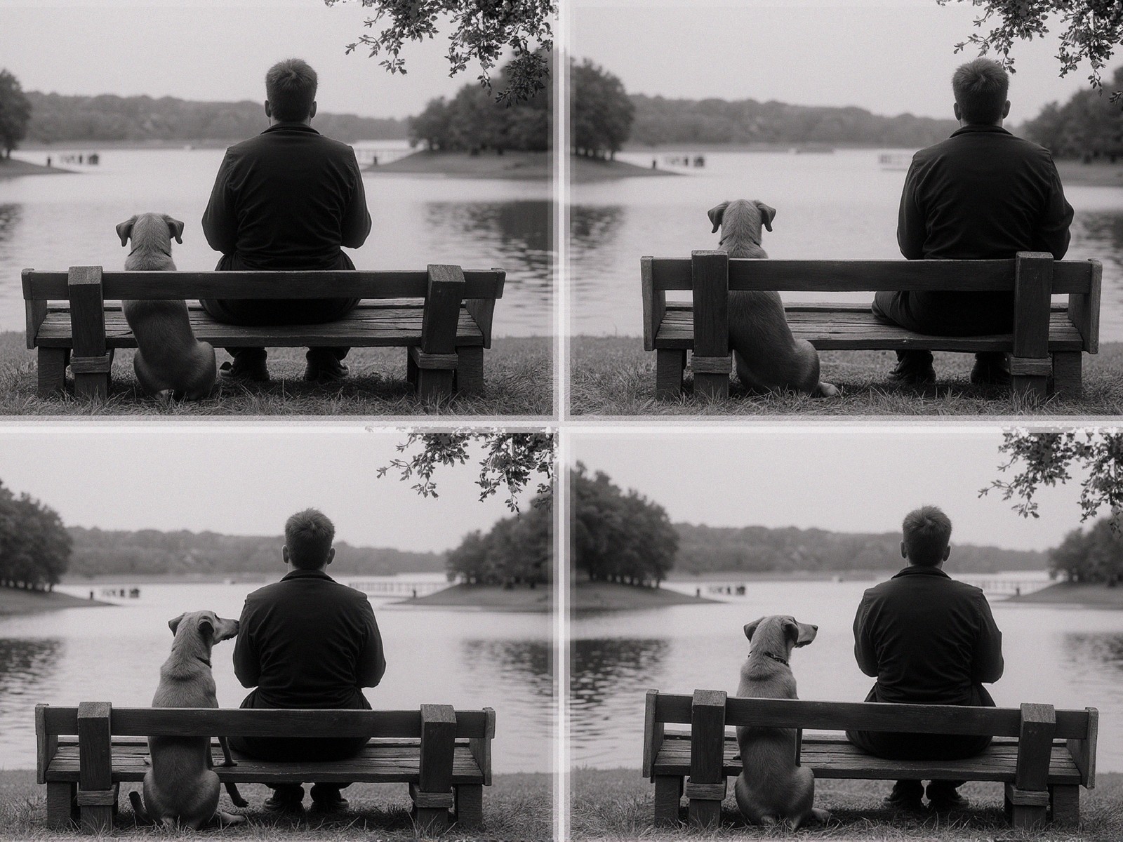 Black-and-White Scene of Man and Dog by Lake