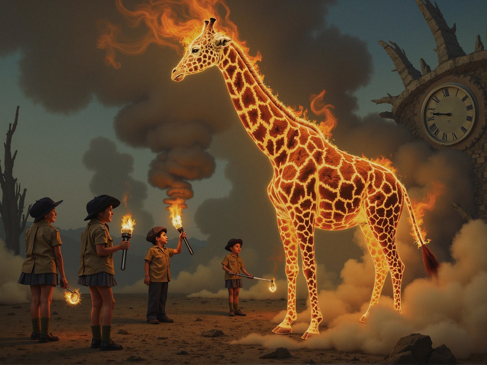 Surreal Scene of Giraffe in Flames with Children
