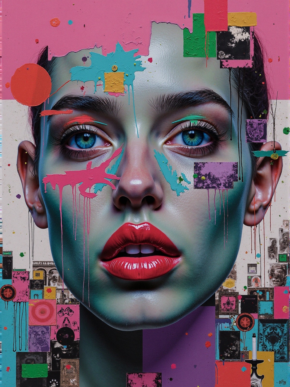 Hyper-realistic portrait of a young woman with color splashes