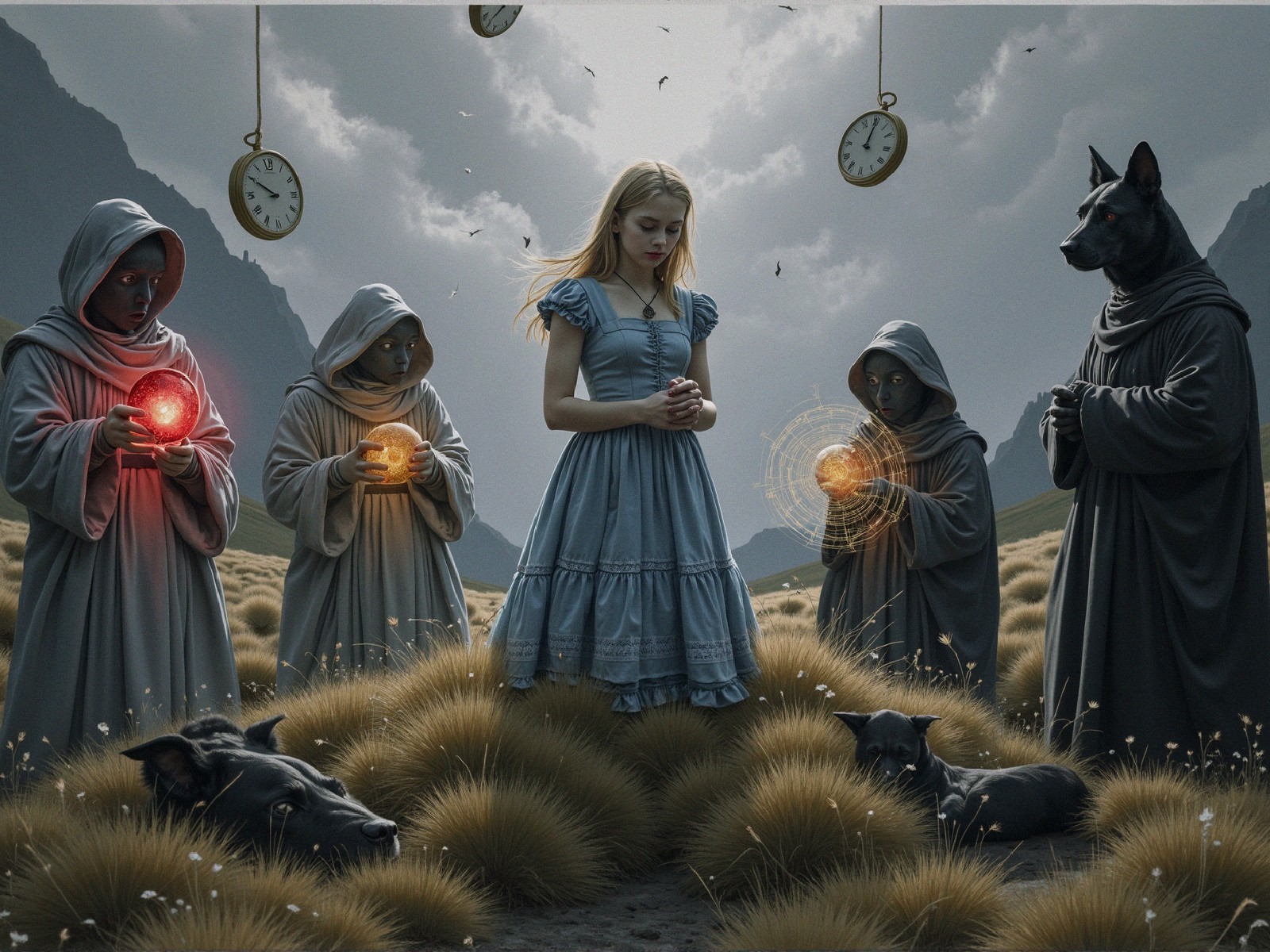 Surreal Landscape with Girl and Cloaked Figures