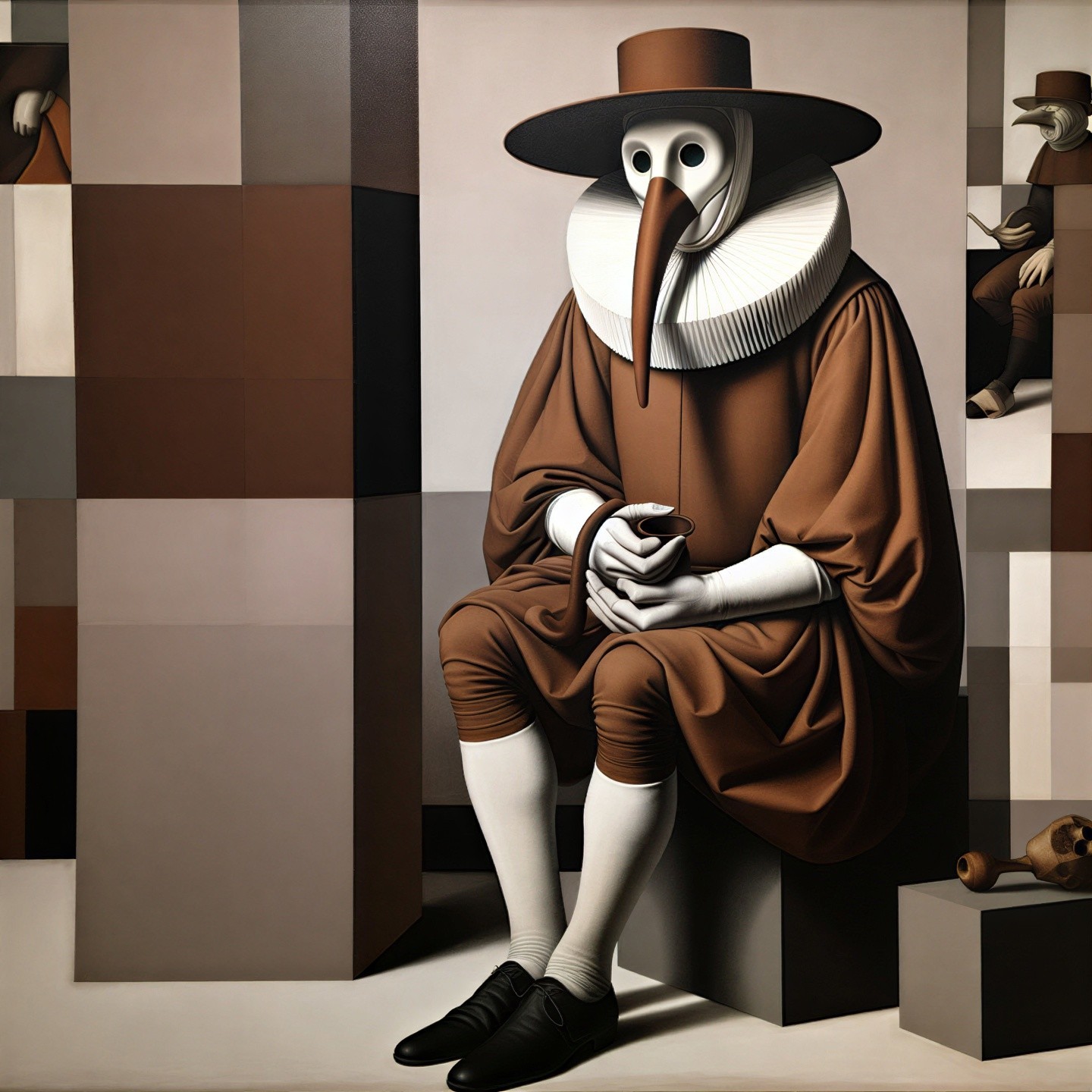 Surreal Figure in Minimalist Cubist Environment