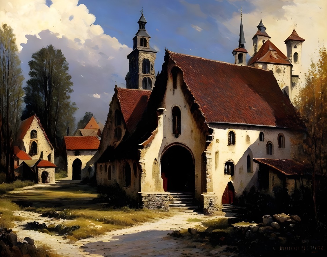 Picturesque Medieval Village with Stone Buildings and Greenery