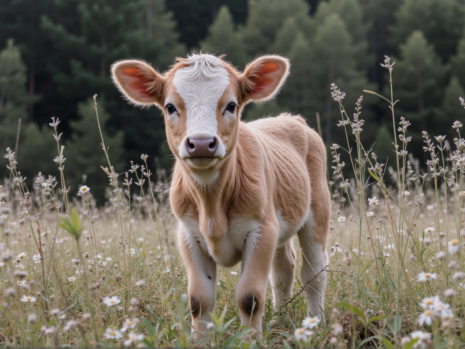 Calf in a Lush Field Surrounded by Wildflowers