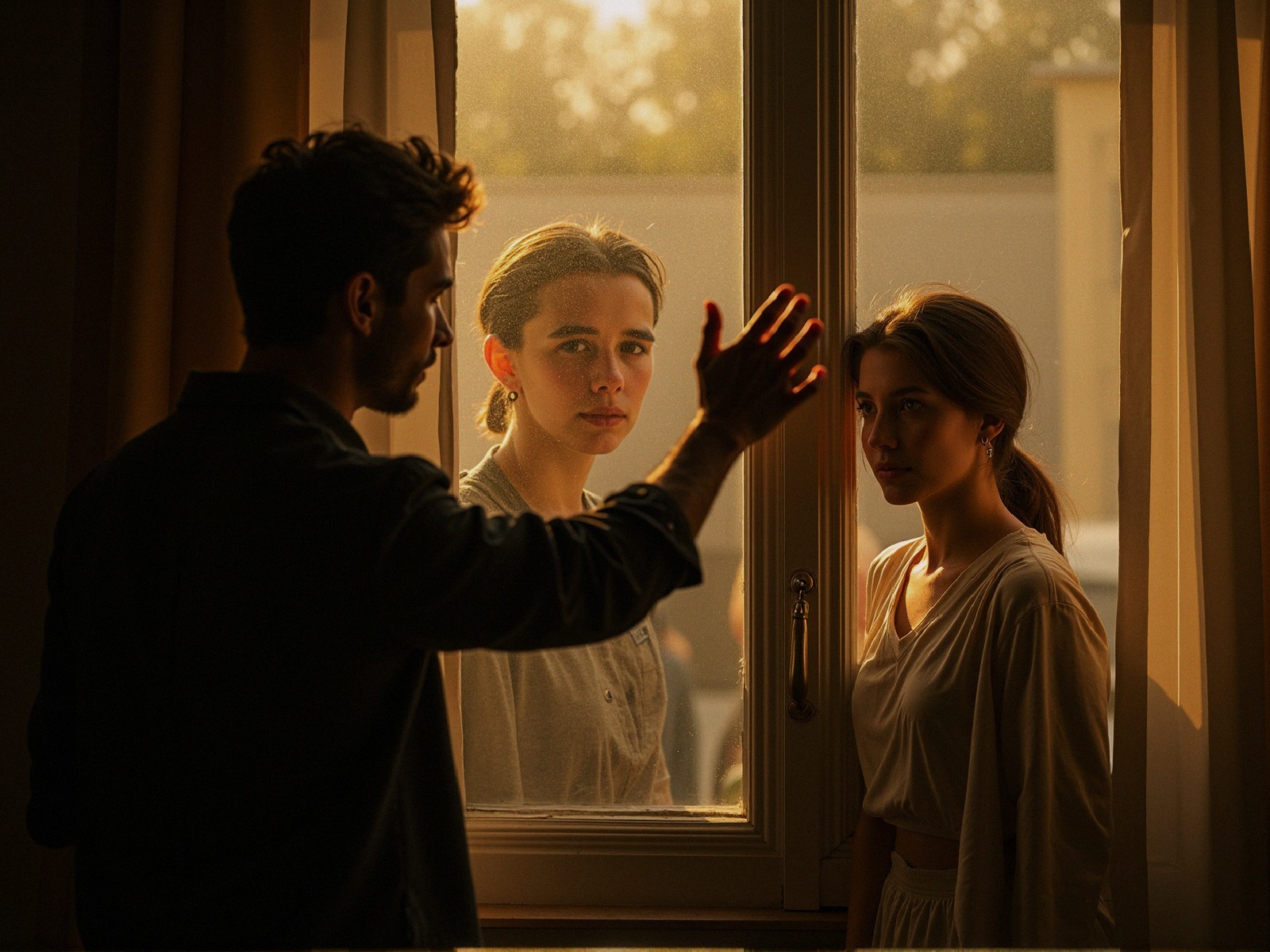 Man Reaching for Woman in Softly Lit Room Scene