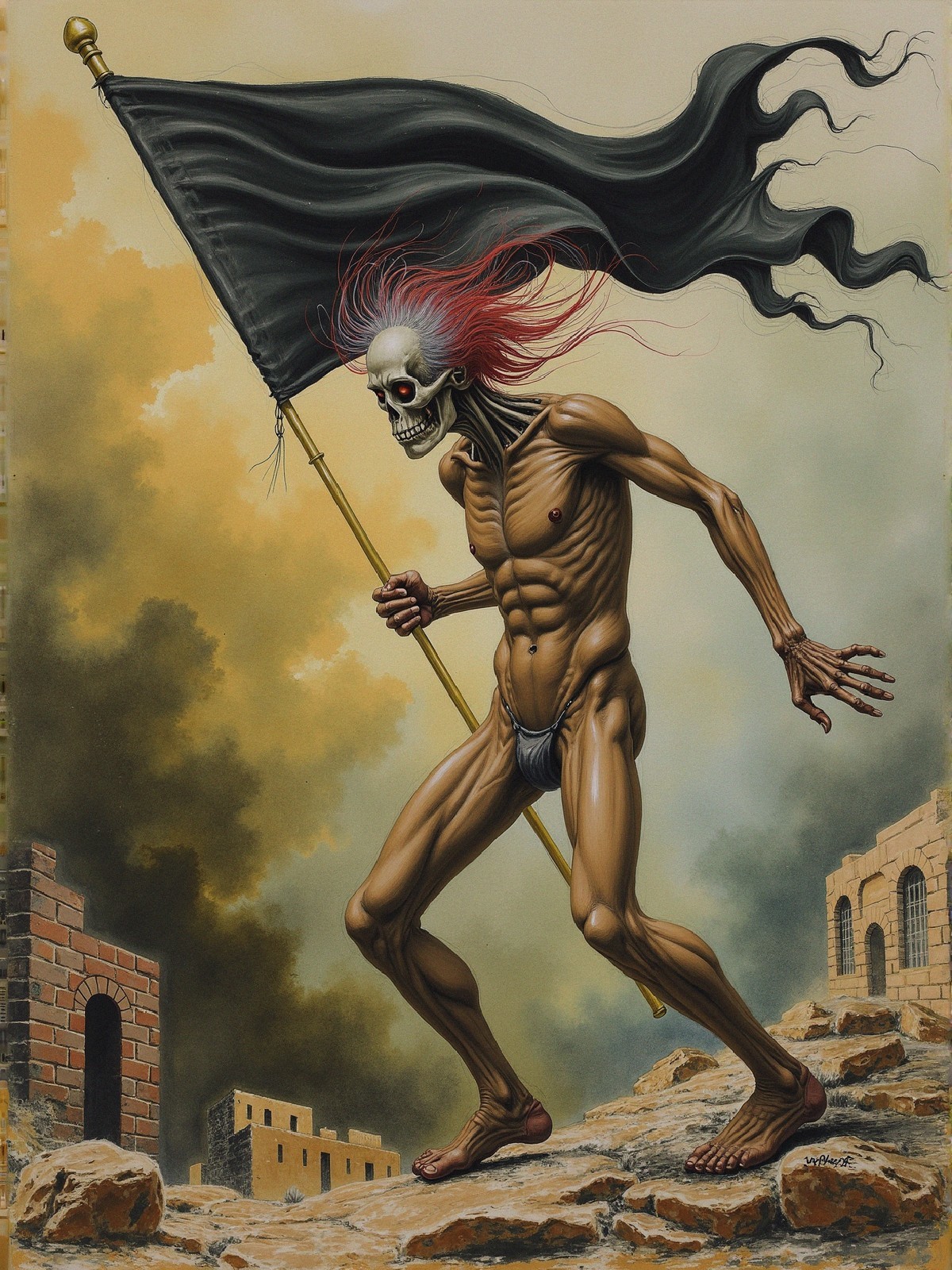 Muscular Skeleton with Flag in Dramatic Landscape