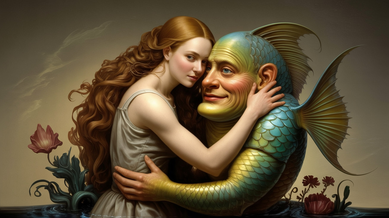 Surreal Scene of Woman with Fish-Man in Underwater Setting