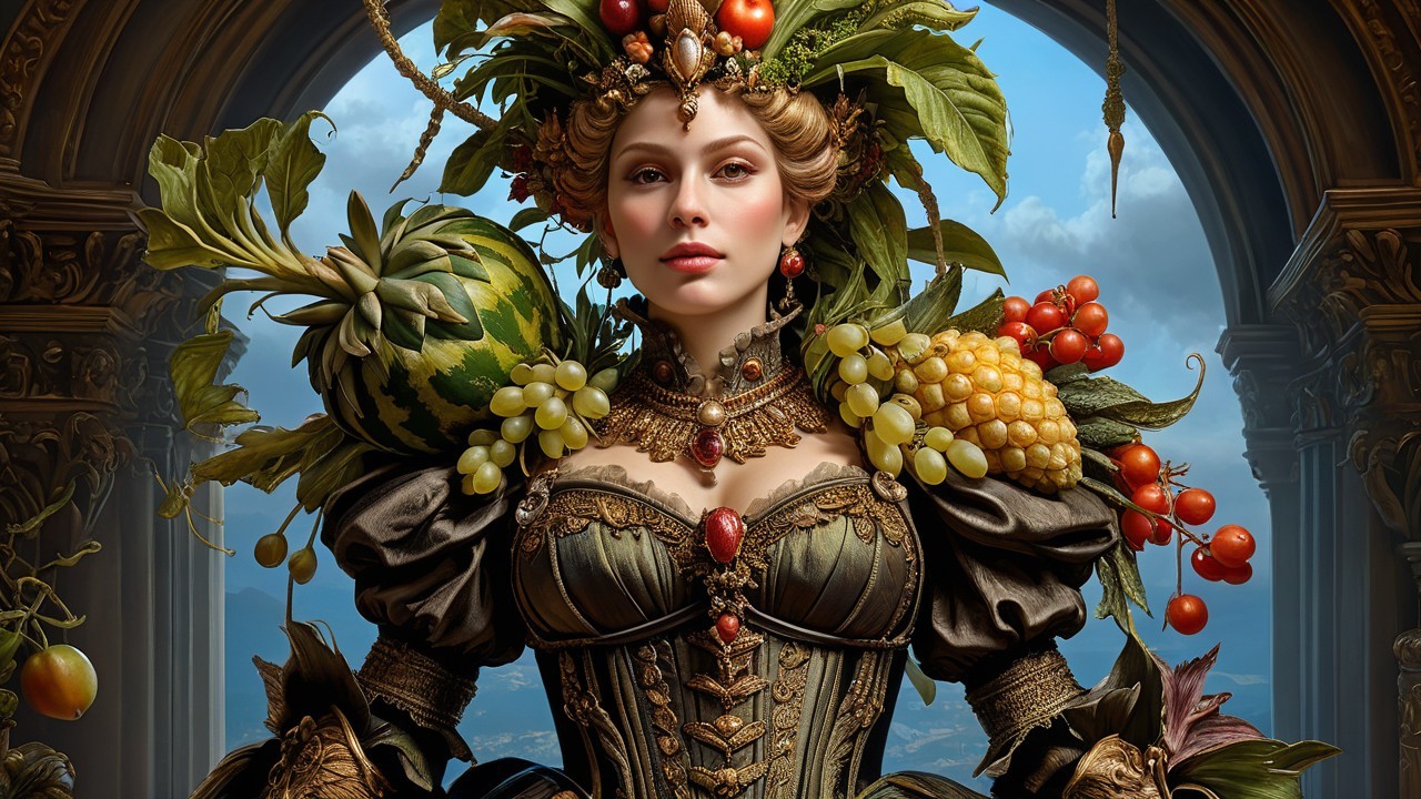 Regal Woman in Ornate Gown with Fruit-Inspired Hair