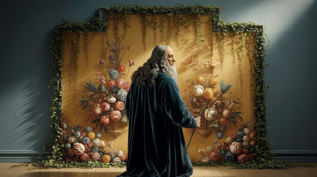 Wise figure in blue robe against floral backdrop