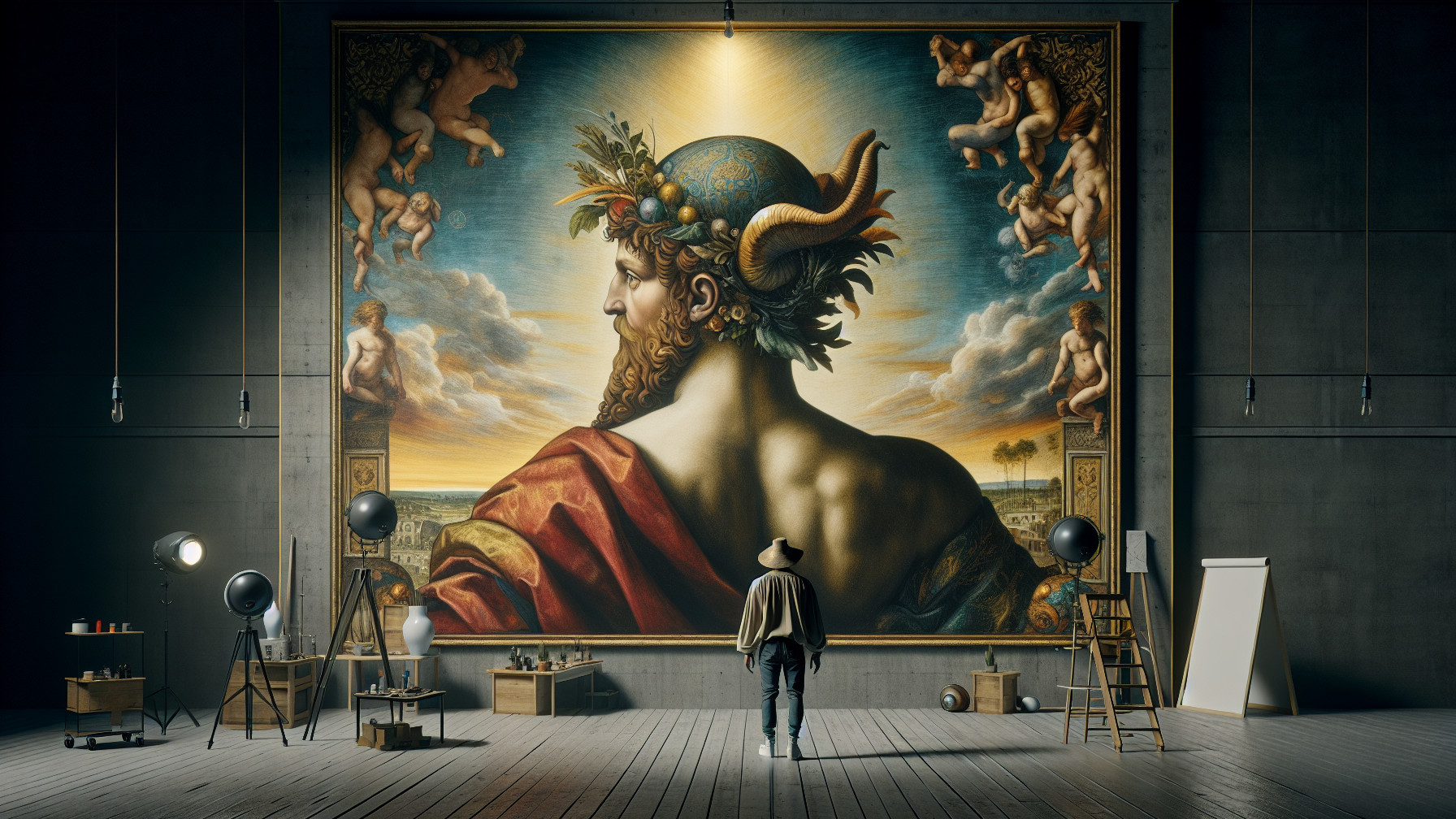 Intricate Painting of Regal Figure in Dimly Lit Studio