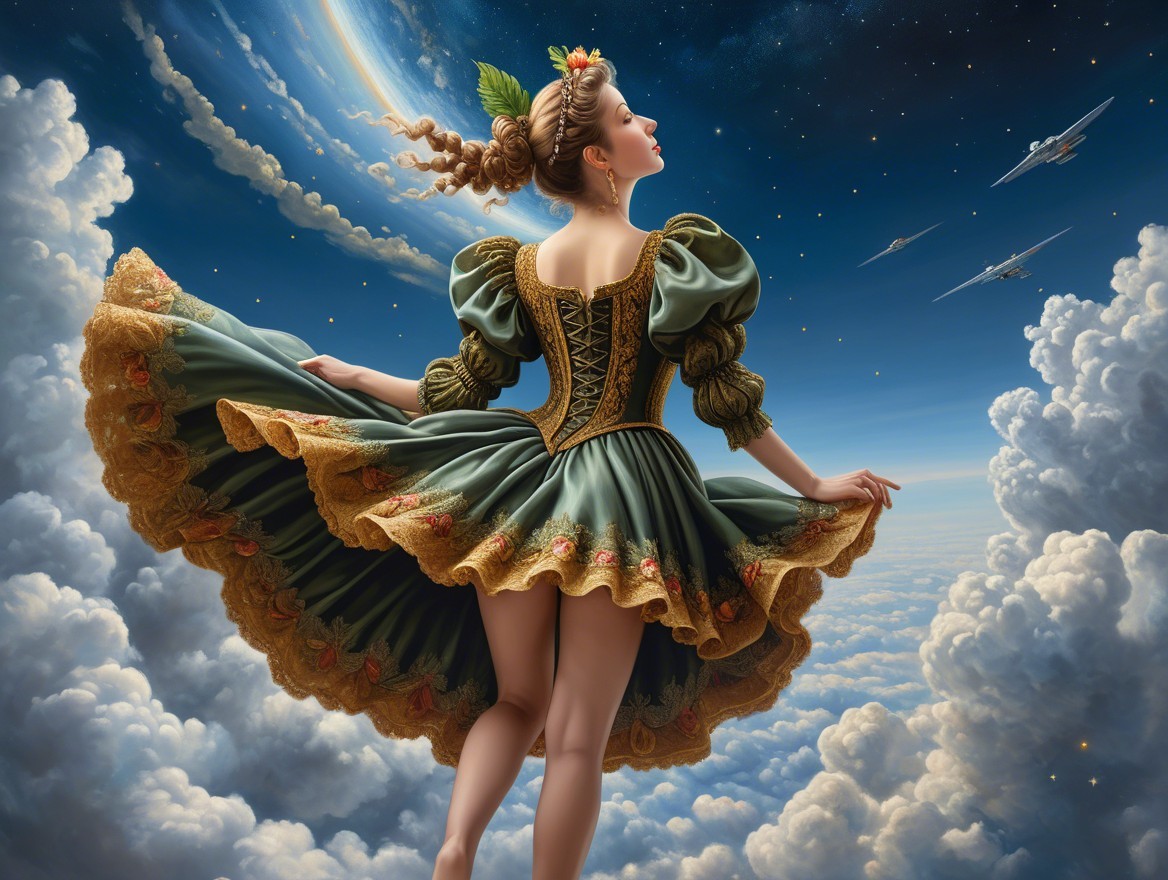 Whimsical Figure in Green Dress Against Celestial Sky