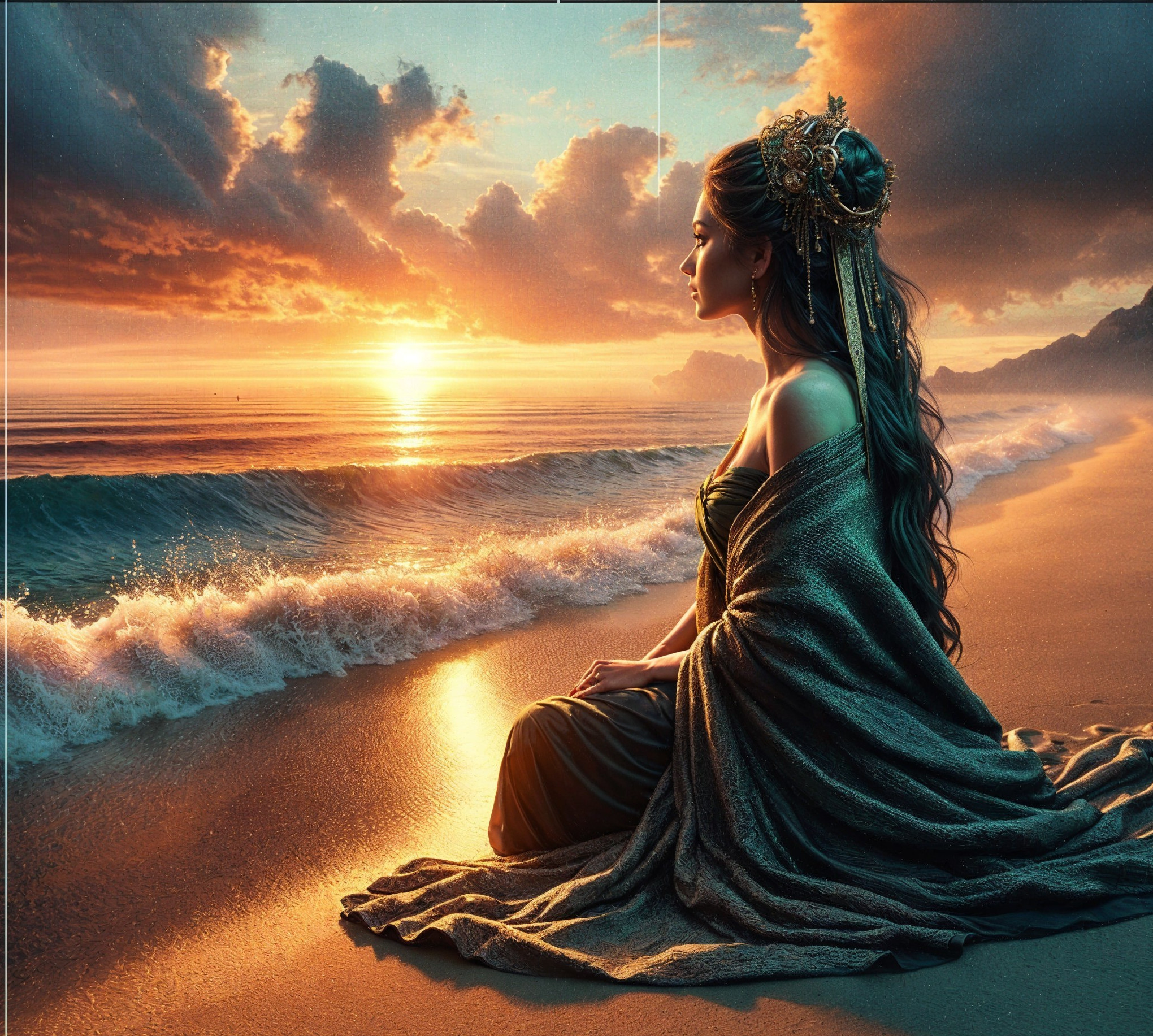 Serene figure on beach at sunset with flowing gown