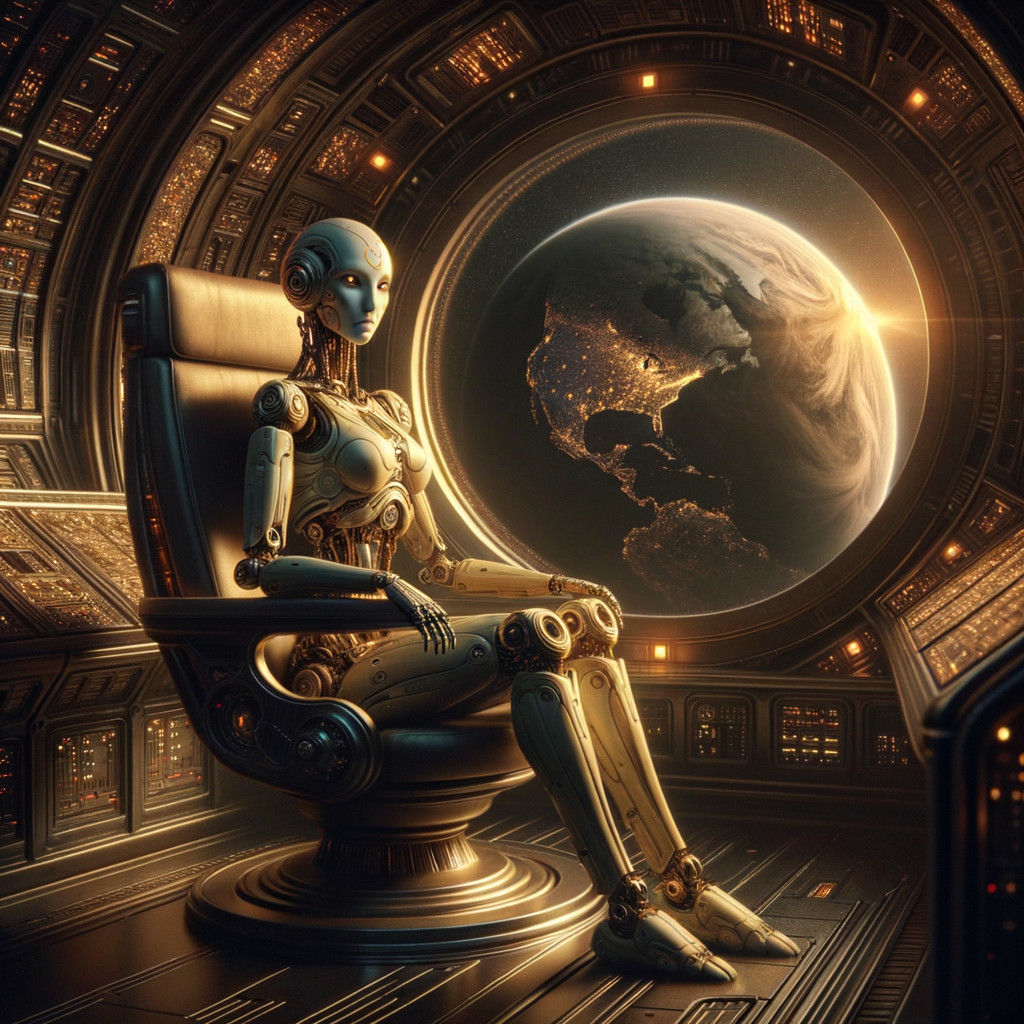 Futuristic Robot in High-Tech Chair with Earth View