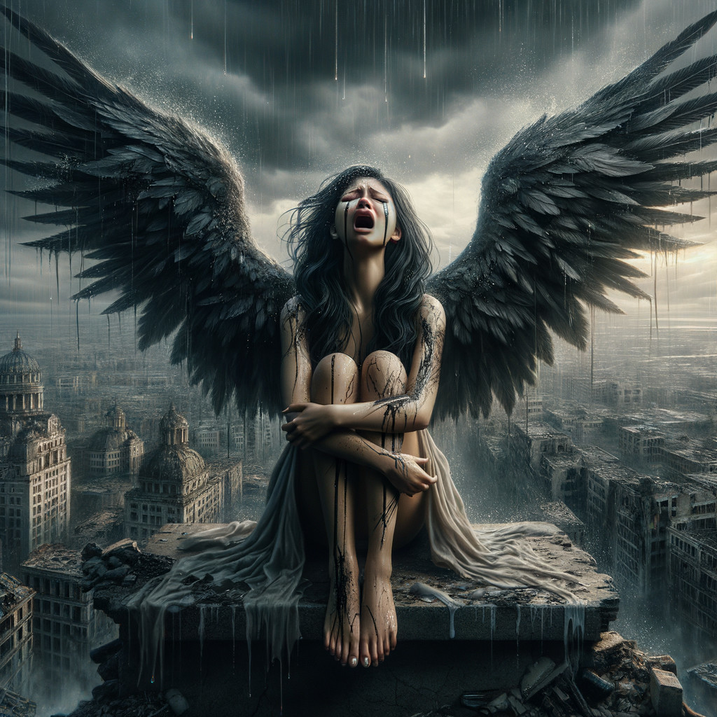 Sorrowful Figure with Black Wings in Urban Despair
