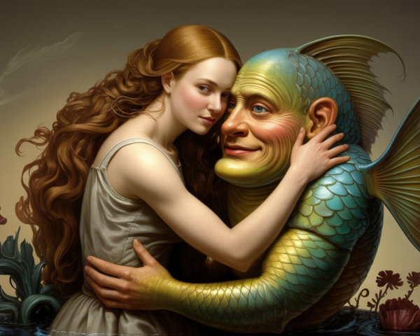 Surreal Scene of Woman with Fish-Man in Underwater Setting