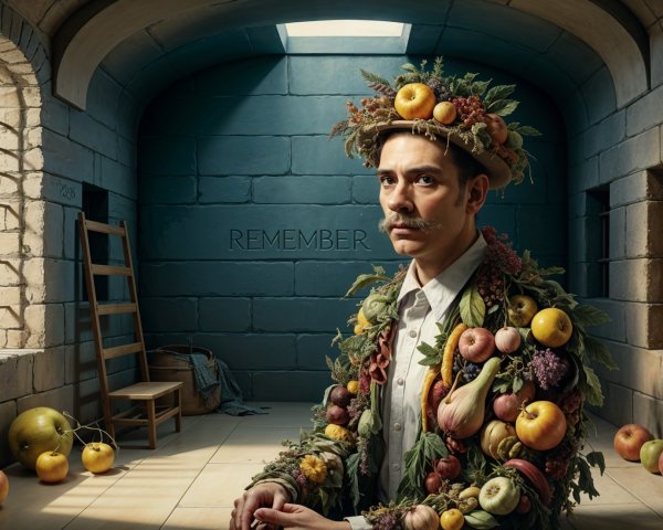 Man in dim room with fruit crown and scattered fruits