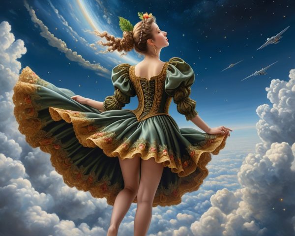 Whimsical Figure in Green Dress Against Celestial Sky