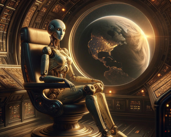 Futuristic Robot in High-Tech Chair with Earth View