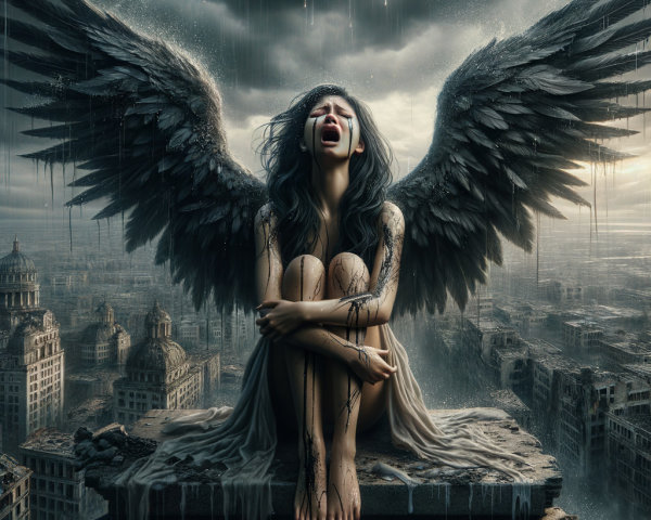 Sorrowful Figure with Black Wings in Urban Despair