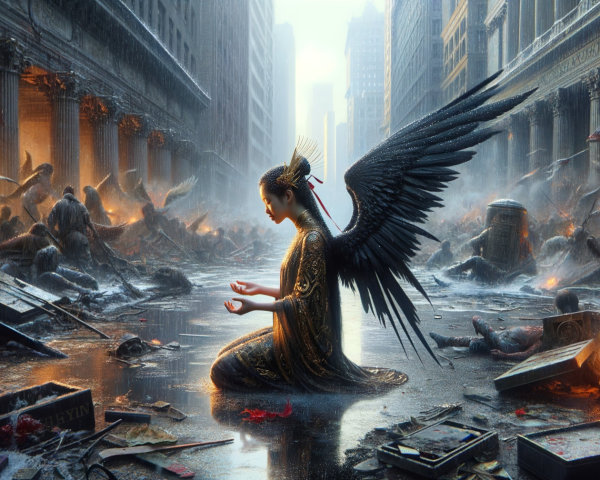 Serene Figure with Dark Wings in Post-Apocalyptic Ruins