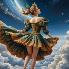 Whimsical Figure in Green Dress Against Celestial Sky