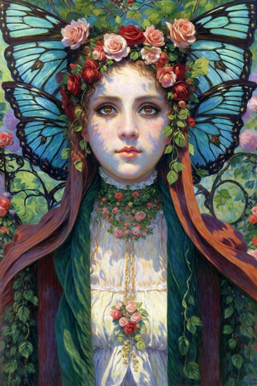 Fantastical portrait of female figure with butterfly wings and floral crown