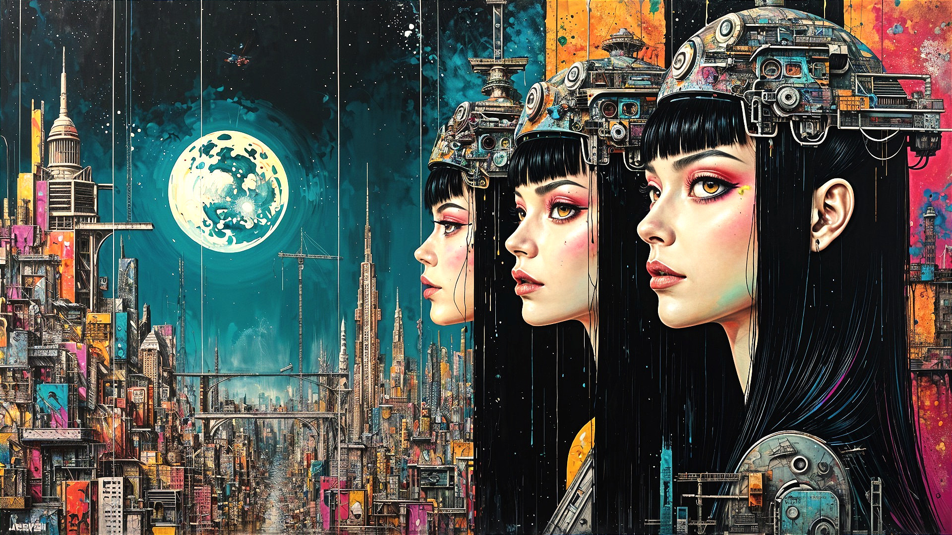 Futuristic Women with Mechanical Headgear in Cityscape