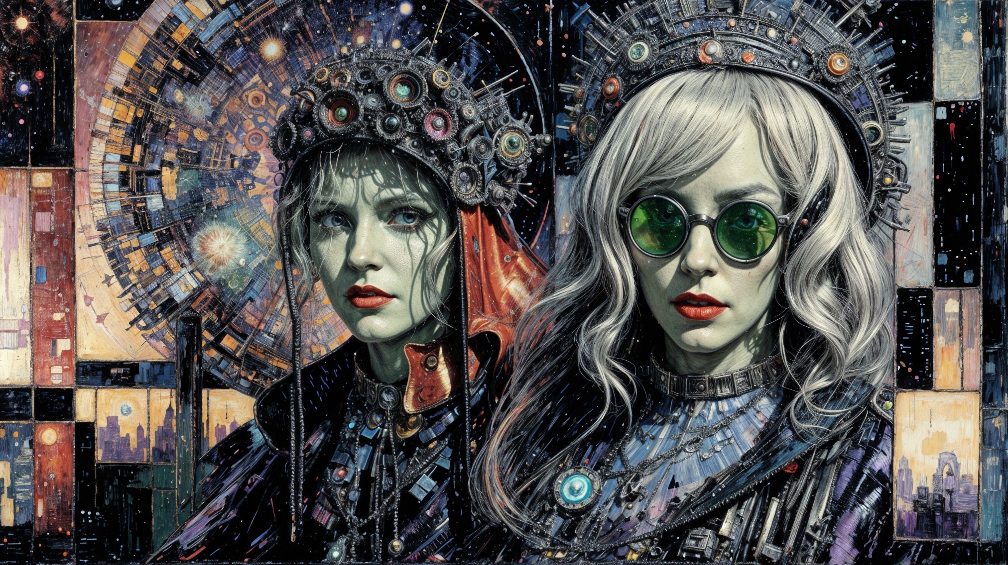 Two Women in Futuristic Fashion Against Starry Cityscape