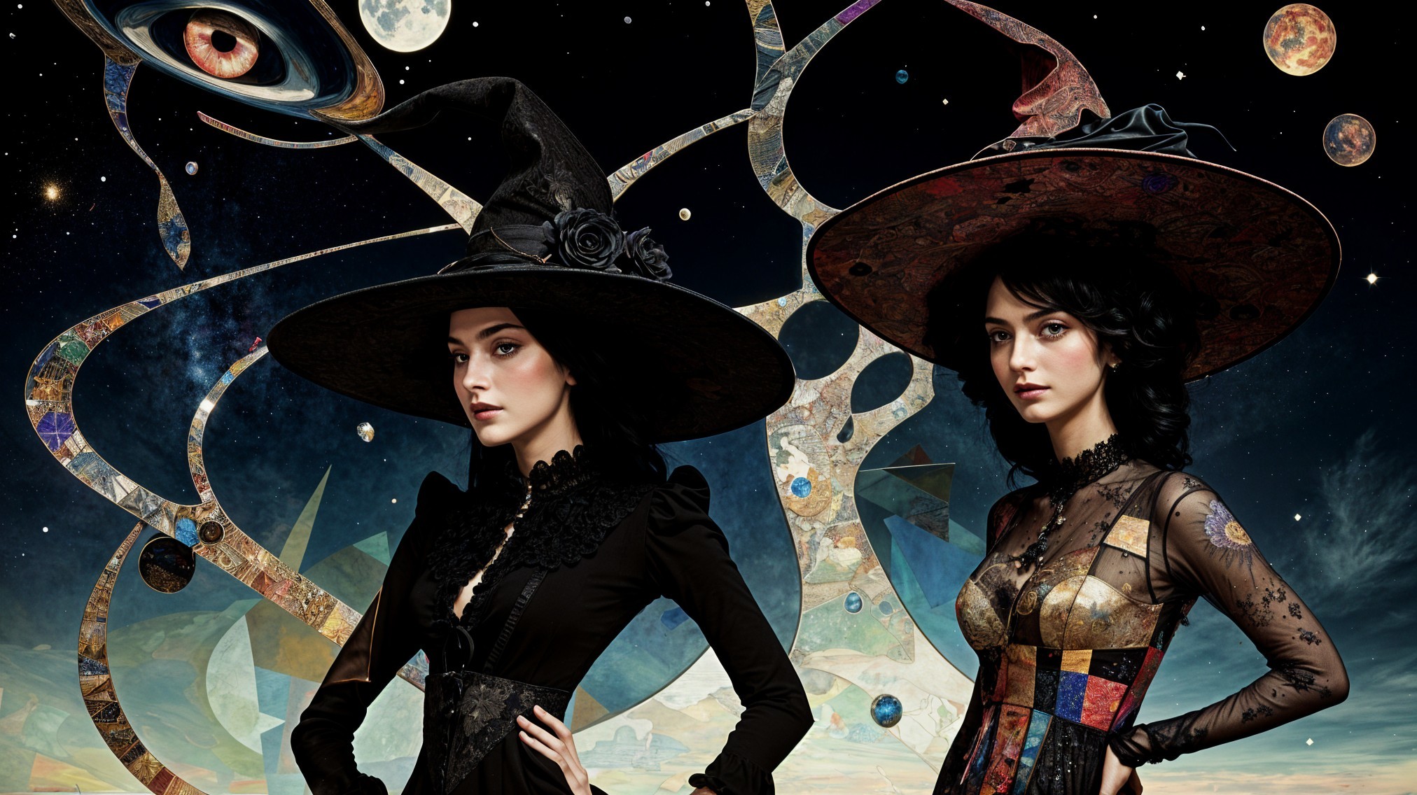 Elegantly Dressed Women Against Cosmic Backdrop