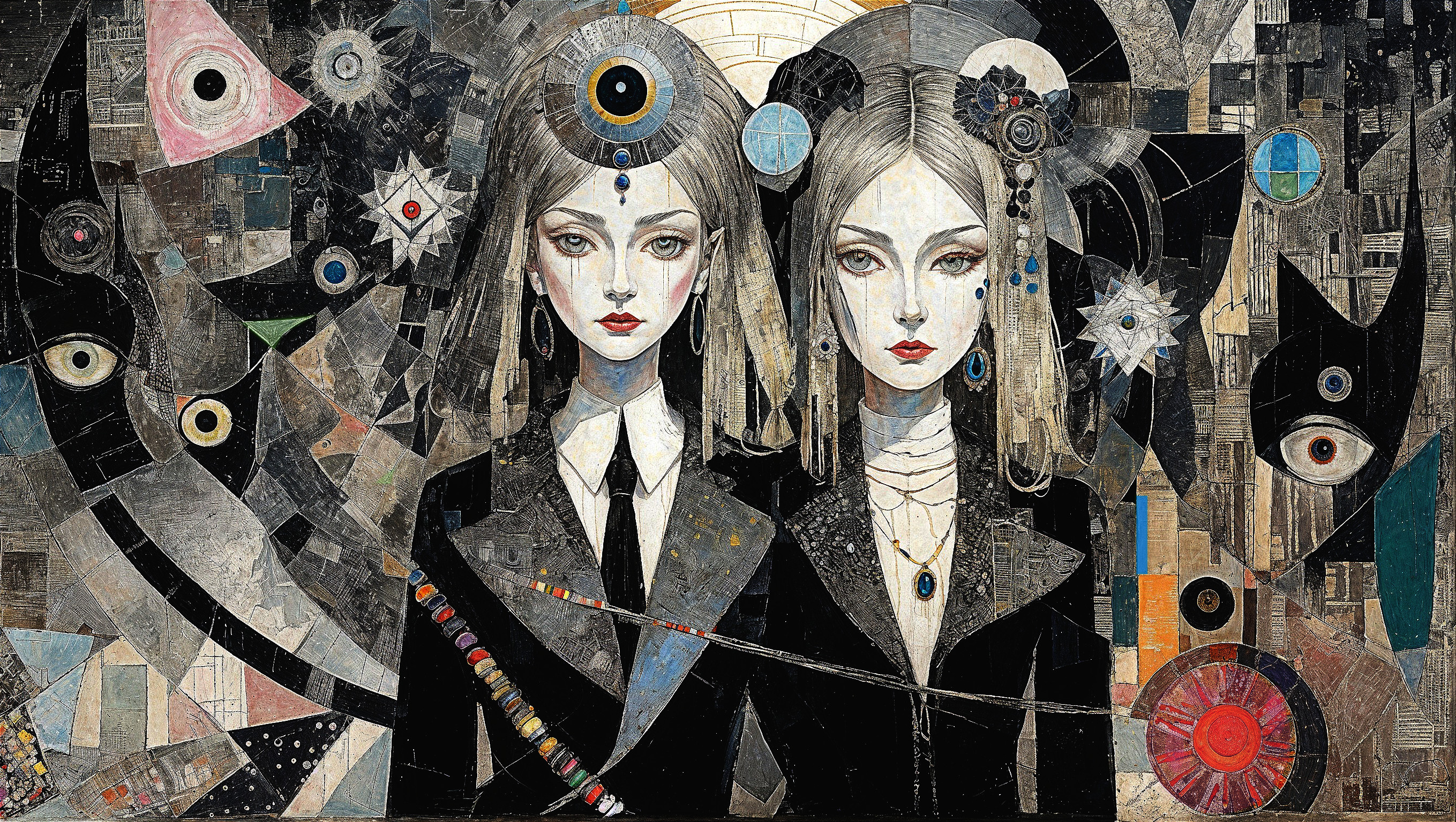 Stylized Figures in Elegant Suits with Geometric Background