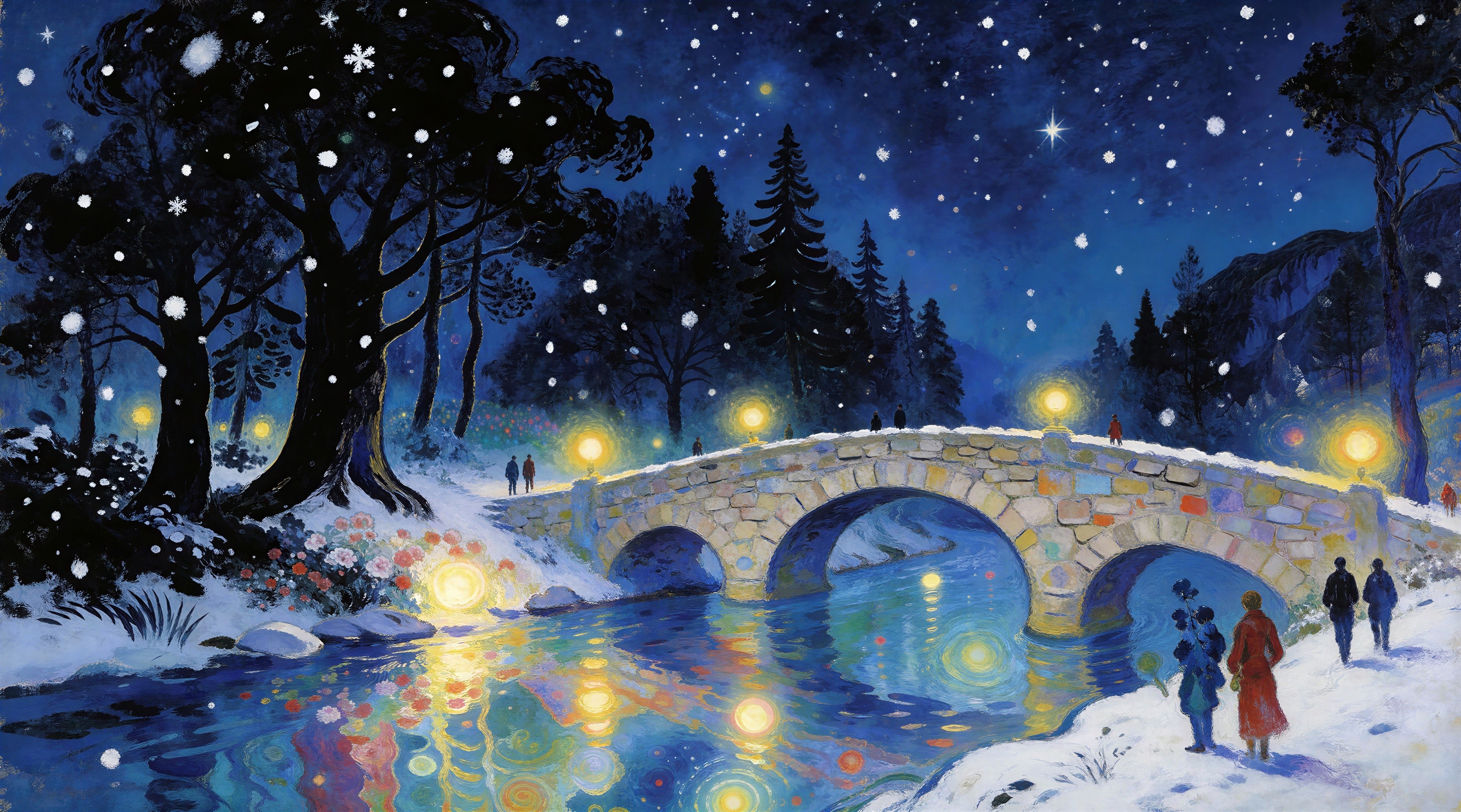 Impressionistic Winter Wonderland Night Scene Description