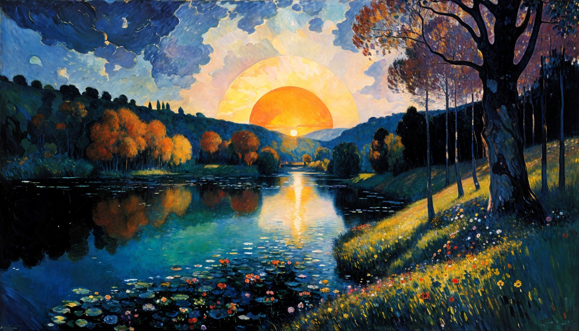 Vibrant Sunset Over Serene River and Lush Hills