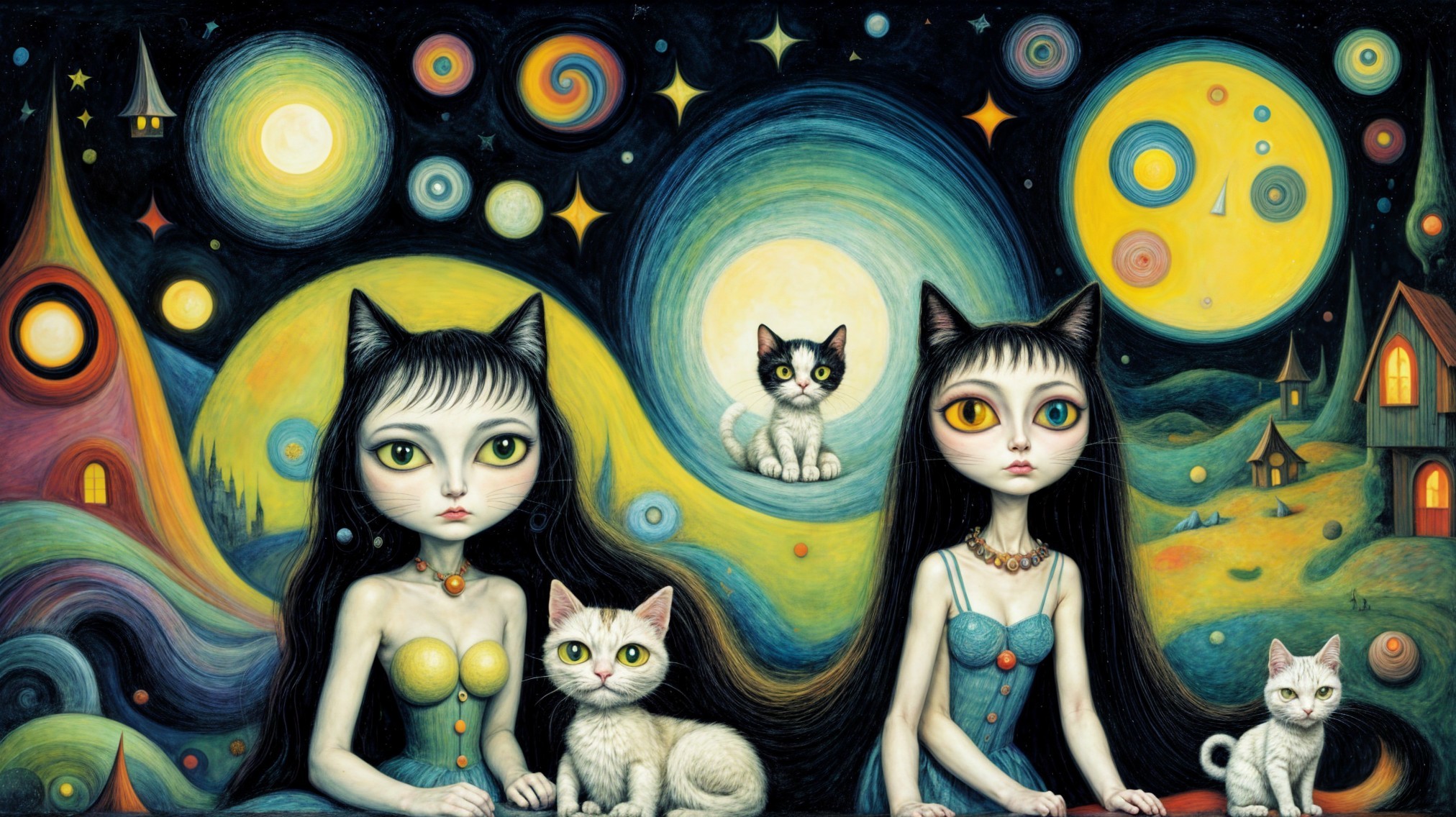 Feline-Faced Women in Cosmic Celestial Artwork
